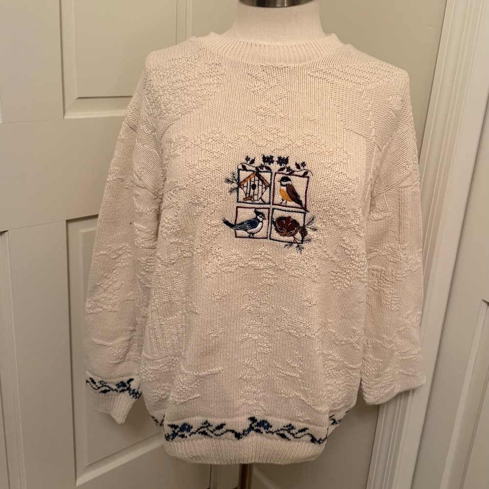 White Sweater with Bird Embroidery